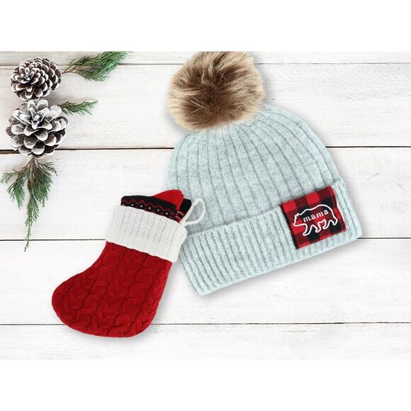 David & Young Women's Mama Bear Beanie Hat with Plaid Patch and Pom - Picture 2 of 3